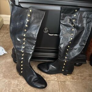 Michael Kors Womens Ailee Riding Boots Black Leather Knee High Studded 6